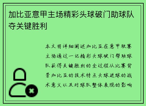 加比亚意甲主场精彩头球破门助球队夺关键胜利 加比亚意甲主场精彩头球破门助球队夺关键胜利