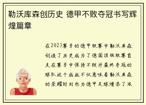 勒沃库森创历史 德甲不败夺冠书写辉煌篇章