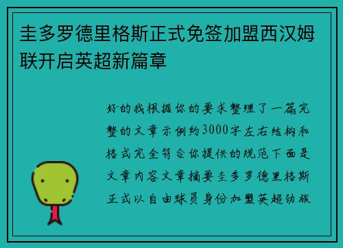 圭多罗德里格斯正式免签加盟西汉姆联开启英超新篇章