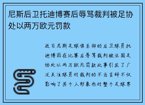 尼斯后卫托迪博赛后辱骂裁判被足协处以两万欧元罚款